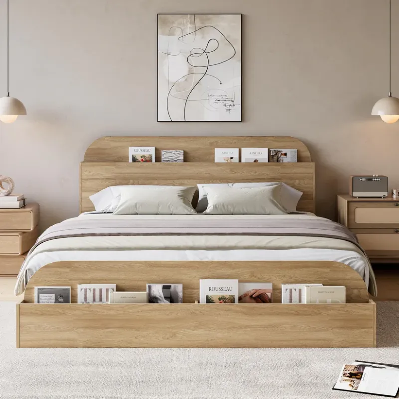 Photo 1 of  Garvee Queen Size Bed Frame, Wooden Beds with Storage Headboard and Raised-Foodboard, Queen-Floor Low Platform Bed for Bedroom, Sturdy Wooden Slats Support, No Box Spring Needed, Natural
