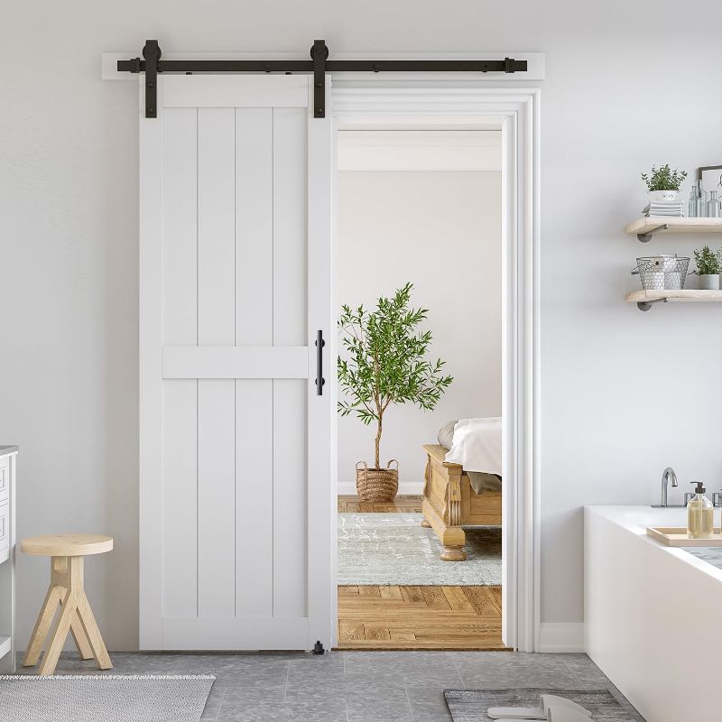 Photo 1 of SmartStandard 30 x 84 inch White Sliding MDF Barn Door with 5FT Black Sliding Door Hardware Kit & Handle, Pre-Drilled Ready to Assemble, Waterproof PVC Coating, H-Frame

