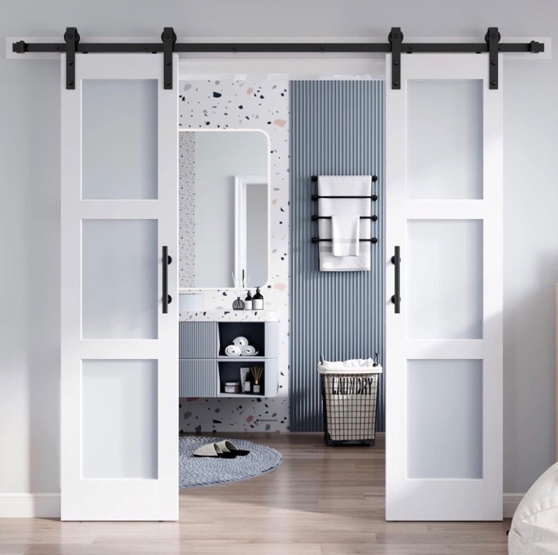 Photo 1 of Double 21×84 Inch Glass Barn Door Slab and 7ft Hardware Kit Included, 3 Frosted Glass, LVL Wood Panel Covered with White Water-Proof Scratch-Proof PVC Surface, Simple DIY Assembly