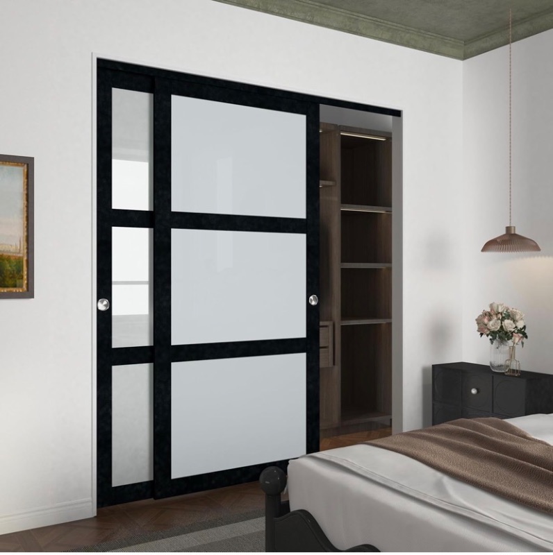 Photo 1 of BARNSMITH 72x80 Sliding Closet Door, 3-Panels Preassembled Frosted Glass Door Panel with Hardware Kits & Matching Fascia, MDF Covered with Water-Proof & Anti-Scratch PVC Surface, Black
