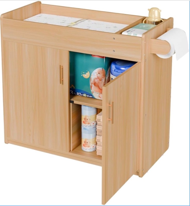 Photo 1 of Ogears Daycare Diaper Changing Table with Removable & Washable Mattress Pad | Quiet-Close Doors & 2 Storage Cubbies | Durable Wood, Adjustable Safety Strap (Natural)