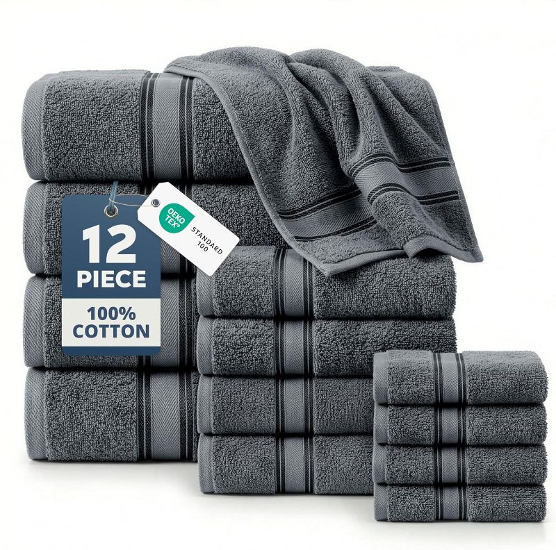 Photo 1 of  Towel and Washcloths Set of 12 – 100% Cotton, Zero Twist, 4 Large Bath Towel, 4 Hand Towels & 4 Wash Cloths, Quick Dry & Long-Lasting, Perfect for Family Bathrooms, Easy Care – Cool Grey