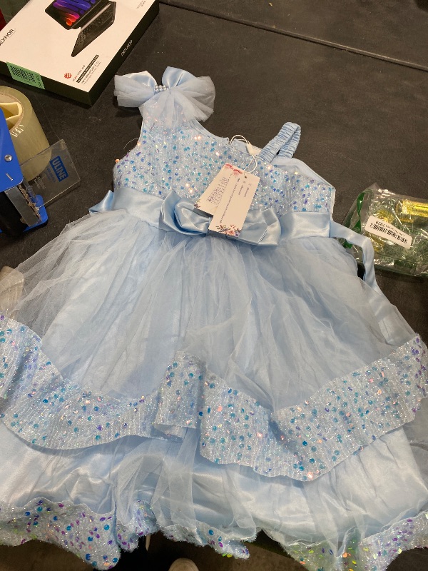 Photo 1 of IBTOM CASTLE Pageant Dress for Girls Bow Asymmetric Shoulder Straps Sequin Tiered Tulle Tutu Party Flower Girl Wedding Toddler Birthday Formal Prom Gown Blue 5-6 Years