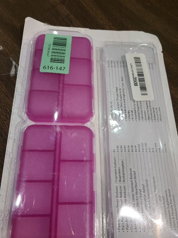 Photo 1 of 14 Grids Travel Pill Organizer Box with 415-Pcs Medicine Name Labels - Pocket Daily Pharmacy Case Container Kit - Travel Medication Holder Dispenser for Fish Oil Vitamin Supplement Storage -Clear Pink