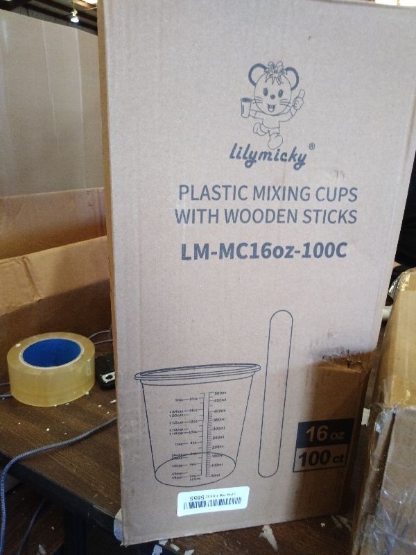 Photo 1 of 16 oz Plastic Mixing Cups, 100 Pack 16 oz (500ml) Disposable Measuring Cups with 100 Wooden Mixing Sticks, Can Be Used for Epoxy Resin, Liquid Measuring, Paint, Cooking and Baking