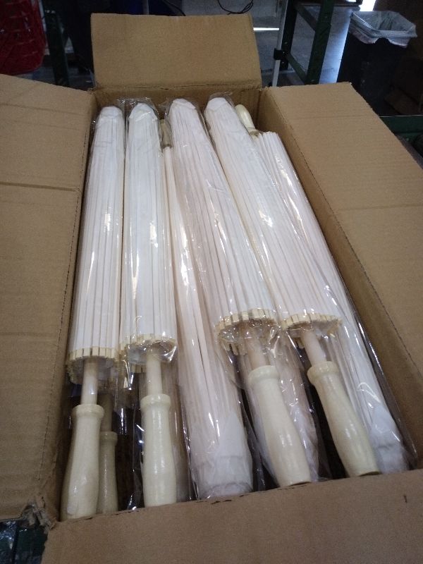 Photo 1 of 12 Pack Paper Umbrellas for Weddings 33.1 Inch White Paper Parasols for Guests with Woven Storage Basket and Photo Frame for Wedding Anniversary Parties Bridal Showers Party