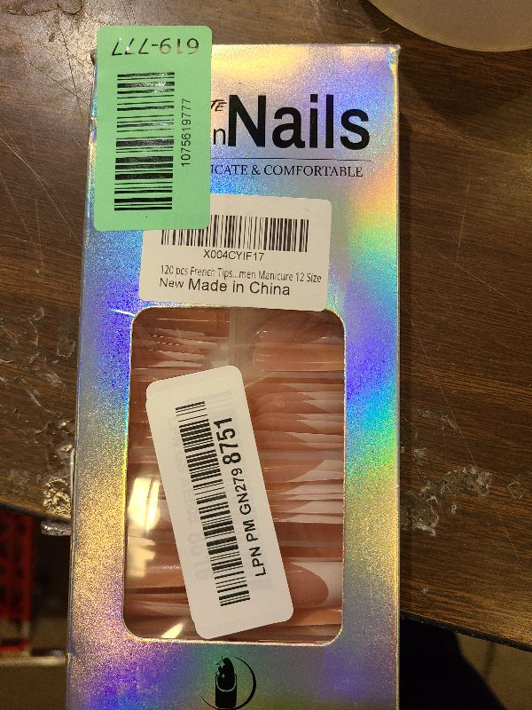 Photo 1 of 120 pcs French Tips Press on Nails Long Square Fake Nails White Tips False Nails Full Cover Acrylic Glue on Nails Coffin Nail Press ons with Adhesive Tabs for Women Manicure 12 Size