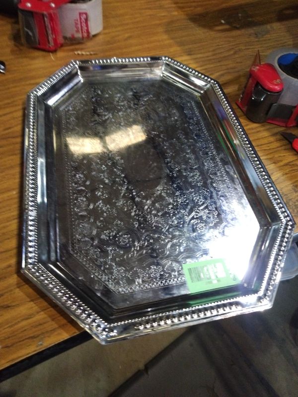 Photo 1 of 18.5"x14.5" Rectangular Silver Serving Tray with Handles, Beautiful Mirror Polished Finish, Lightweight Classic Metallic Decorative Silverplate Tray for Wedding Anniversary Birthday Holiday Gatherings