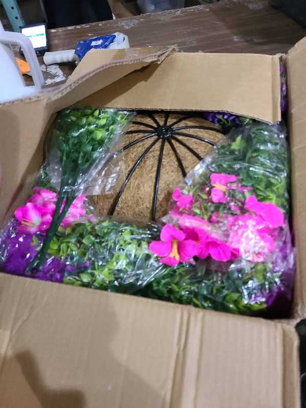 Photo 1 of 2 Set Artificial Outdoor Petunias Flowers with Hanging Baskets, 24 Pcs UV Resistant Faux Petunias Flowers with Hanging Planter for Front Door Porch Spring Outside Decor (2, RoseRed,RedViolet)