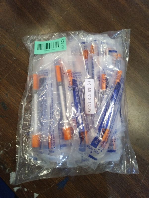 Photo 1 of 1ml/cc 31G 1/2" Jeringa, U-100 Lab Tools, Individual Wrapped 25 Pack
