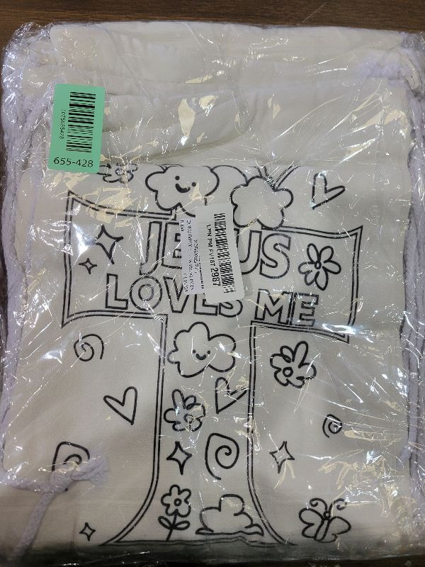 Photo 1 of 12 Pcs Color Your Own Jesus Loves Me Christian Gift Bags, Canvas Drawstring Bags Religious DIY Christian Gifts Bulk, Easter Basket Stuffers Coloring Crosses Backpack Cinch Bag for Sunday School Favor