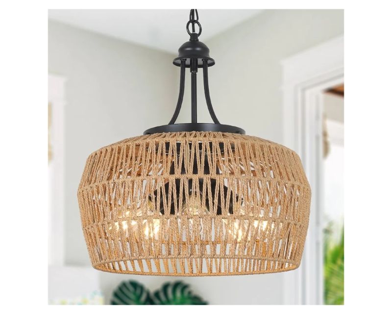 Photo 1 of 23.6" Boho Rattan Chandelier, 6-Light Large Rattan Pendant Light with 2-Tier Wicker Shade, Bohemian Farmhouse Ceiling Light Fixture Chandelier for Dining Room, Living Room, Bedroom, Kitchen Island