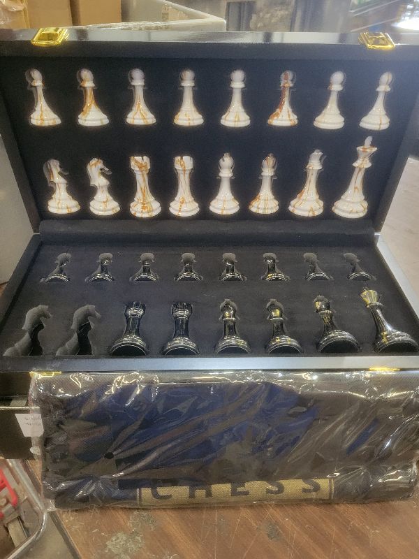Photo 1 of 15" Large Chess Set for Adults with Weighted Acrylic Chess Pieces 3.5" King & Portable Folding Marbling Wooden Chess Board Travel Chess Sets Family Board Game Gift – Elegant Classic Chess Game