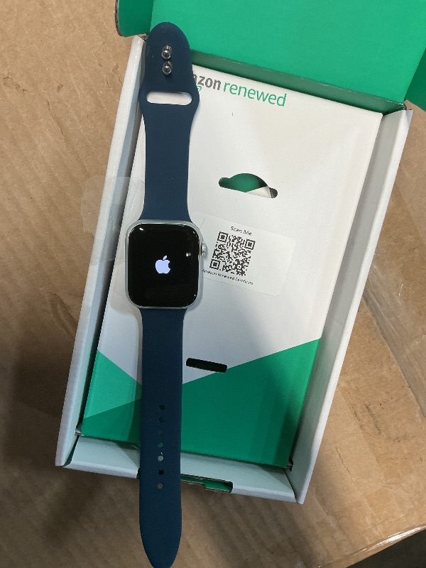 Photo 1 of ***TESTED FOR POWER ONLY*LOCKED*Apple Watch Series 9 [GPS 45mm] Silver Aluminum Case with Storm Blue Sport Band S/M (Renewed Premium)