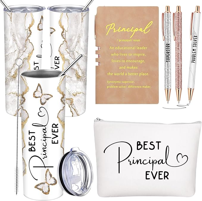 Photo 1 of ***STOCK IMAGE FOR REFERENCE***
** only comes with cup, notebook, and pen**
Domensi 6 Pcs End of The Year Gifts for Principal Thank You Gift 20oz Rustic Butterfly Marble Sign Tumbler Makeup Bag Journal for Assistant Principal School Office Birthday Retire