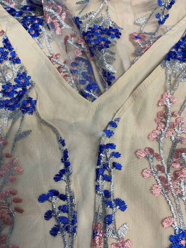 Photo 1 of ***MINOR DAMAGED - SEE NOTES/PICTURES***
Deep V Neck Floral Embroidery Dress for Women Sleeveless Embroidered Flower Short Homecoming Summer A-line Tulle Prom Dress Vintage Cocktail Wedding Guest Party Evening Dresses Apricot+Royal Blue 2XL