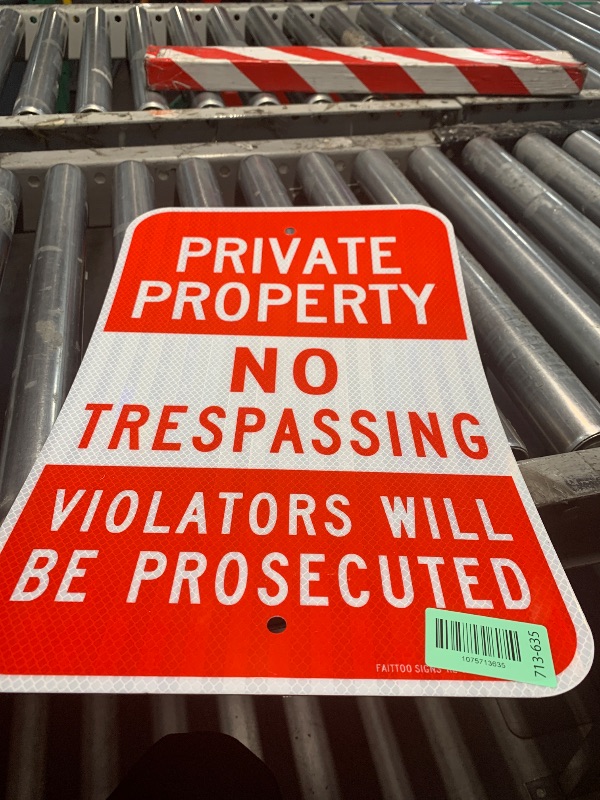 Photo 1 of ) Private Property No Trespassing Sign, Violators Will Be Prosecuted, 18 x 12 Engineer Grade Reflective Sheeting Rust Free Aluminum, Weather Resistant, Waterproof, Easy to Mount