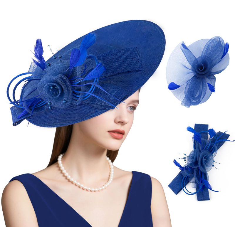 View 1 of ***FACTORY SEALED*** dressfan Wide Brim Fascinator Derby Hats for Women,20s Linen Detachable Flowers Big Fascinator Hat with Headband for Derby Church Wedding Tea Party,X38-Royal Blue