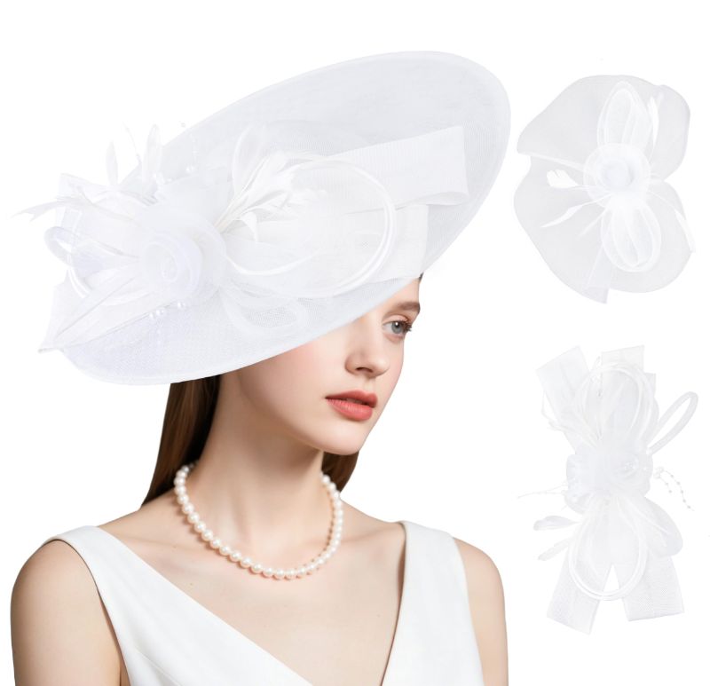 View 1 of ***FACTORY SEALED*** dressfan Wide Brim Fascinator Derby Hats for Women,20s Linen Detachable Flowers Big Fascinator Hat with Headband for Derby Church Wedding Tea Party,X38-White