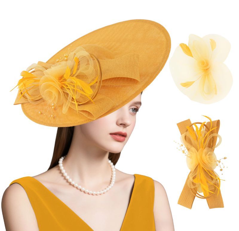 View 1 of ***FACTORY SEALED***dressfan Wide Brim Fascinator Derby Hats for Women,20s Linen Detachable Flowers Big Fascinator Hat with Headband for Derby Church Wedding Tea Party,X38-Yellow