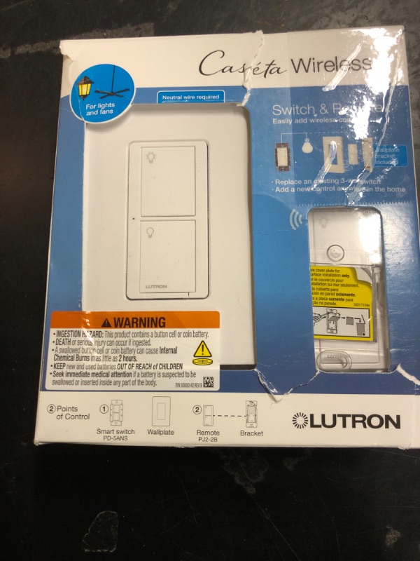 Photo 1 of Lutron Caseta Smart Light Switch 3-Way Kit, with Pico Remote, Wallplate, Wall Bracket for LED Lights and Fans, On-Off Only, 5 Amp, Neutral Required, P-PKG1WS-WH