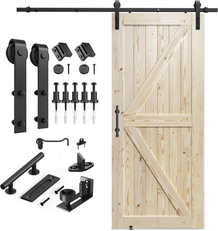 Photo 1 of SMARTSTANDARD 36in x 84in Sliding Barn Door with 6.6ft Barn Door Hardware Kit Included, Unfinished Solid Spruce Wood Door, Assembly Required, DIY, Stainable, Natural
