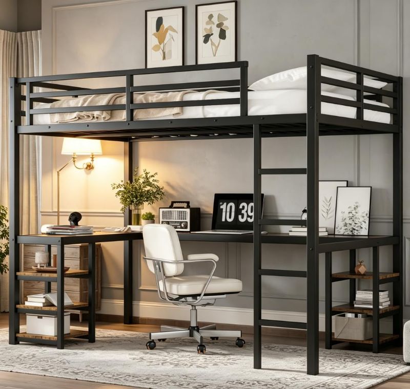 Photo 1 of Bellemave Twin XL Size Loft Bed with Desk and Shelves, Metal Twin XL loft bedframe with L Desk and 6 Storage Shelves, Black
