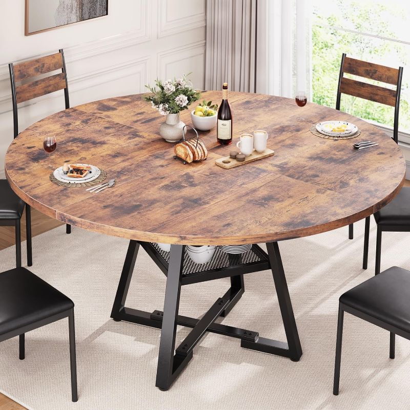 Photo 1 of Jocoevol 51'' Round Dining Table for 6,Kitchen Dining Room Circle Dinner Pedestal Table,Space Saving Wood Kitchen & Dining Room Furniture (Vintage, 51In)
