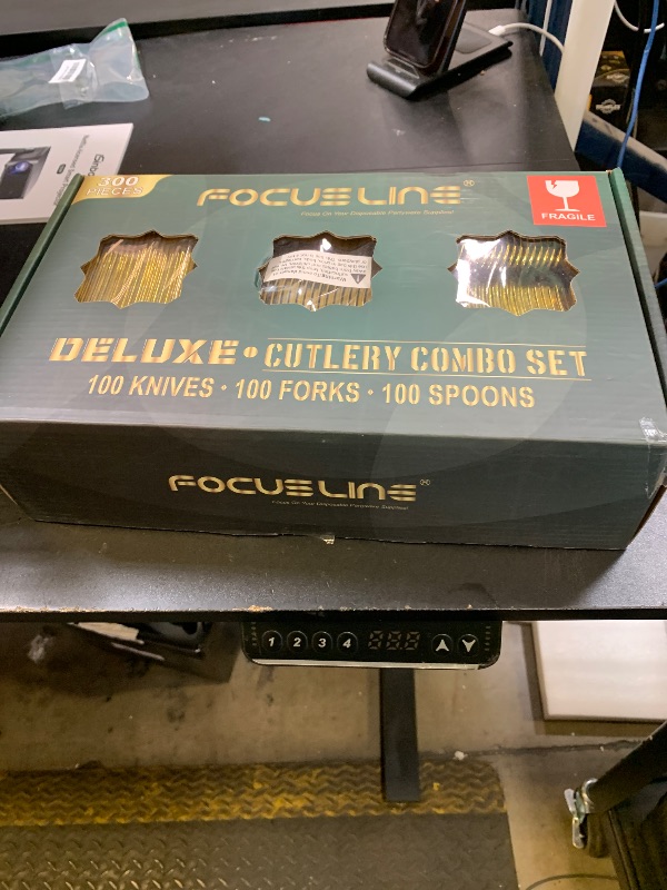 Photo 1 of FOCUSLINE 300 Count Gold Plastic Silverware Set - 100 Forks, 100 Knives, 100 Spoons - Heavy Duty Plastic Cutlery Set Disposable Flatware for Catering, Parties, Dinners, Weddings