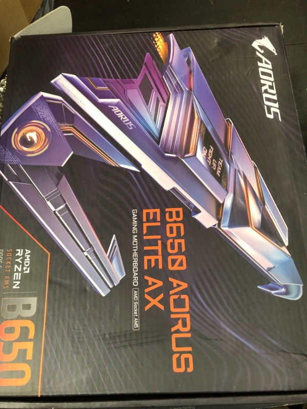 Photo 1 of GIGABYTE B650 AORUS Elite AX AMD AM5 ATX Motherboard, Support Ryzen 9000/8000/7000 Series, DDR5, 14+2+1 Power Phase, PCIe 5.0 M.2, USB-C 3.2 Gen 2, WIFI6E, 2.5GbE, EZ-Latch, Q-Flash, RGB Fusion