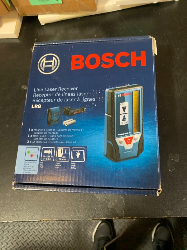 Photo 1 of BOSCH LR8 165 ft. Red and Green-Beam Line Laser Receiver, Includes Mounting Bracket, 2 AA Batteries, & Belt Pouch