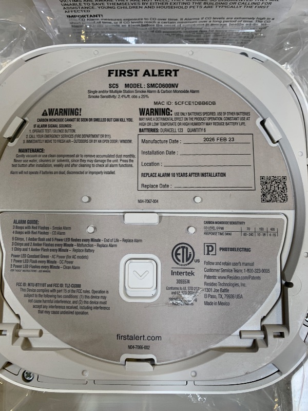Photo 1 of First Alert SC5 Battery Smart Smoke & Carbon Monoxide Alarm, SMCO600NV, 1-Pack
