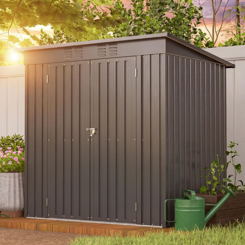 Photo 1 of 6x4 FT Outdoor Storage Shed, Metal Garden Shed with Frame Floor, Outside Tool Shed with Lockable Hinged Doors, Waterproof Storage Building with Sloped Roof for Backyard, Patio, Lawn, Black

