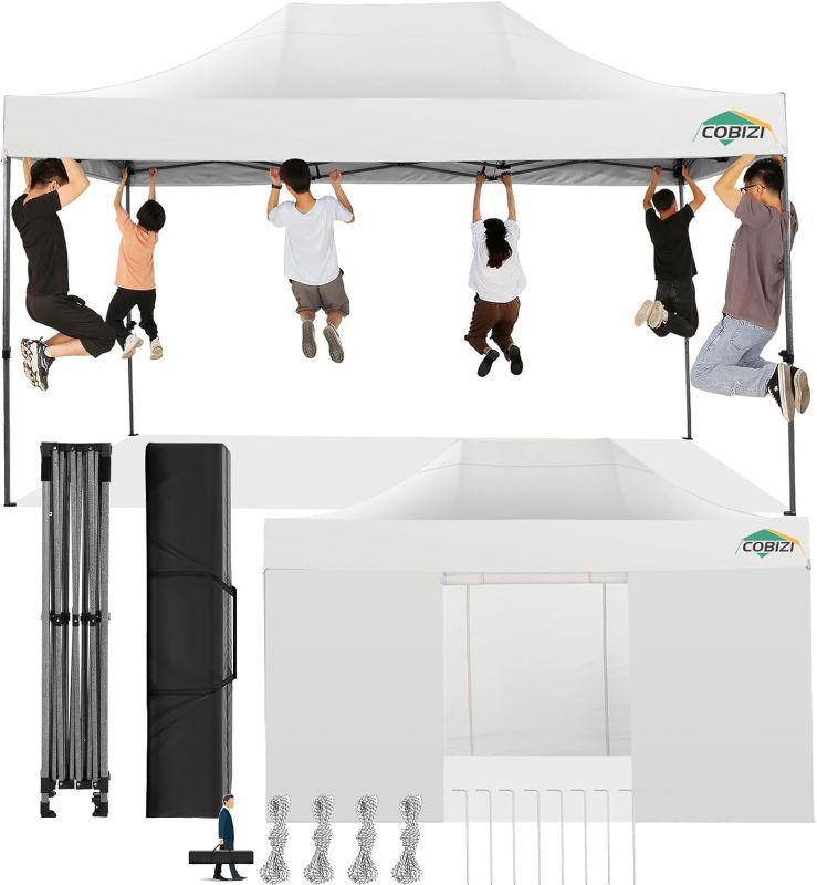 Photo 1 of COBIZI 10x15 Pop Up Canopy with 4 Sidewall,Heavy Duty Canopy UPF 50+ All Season Wind Waterproof Commercial Outdoor Wedding Party Tents for Parties Gazebo with Carry Bag(10 x 15 ft White)
