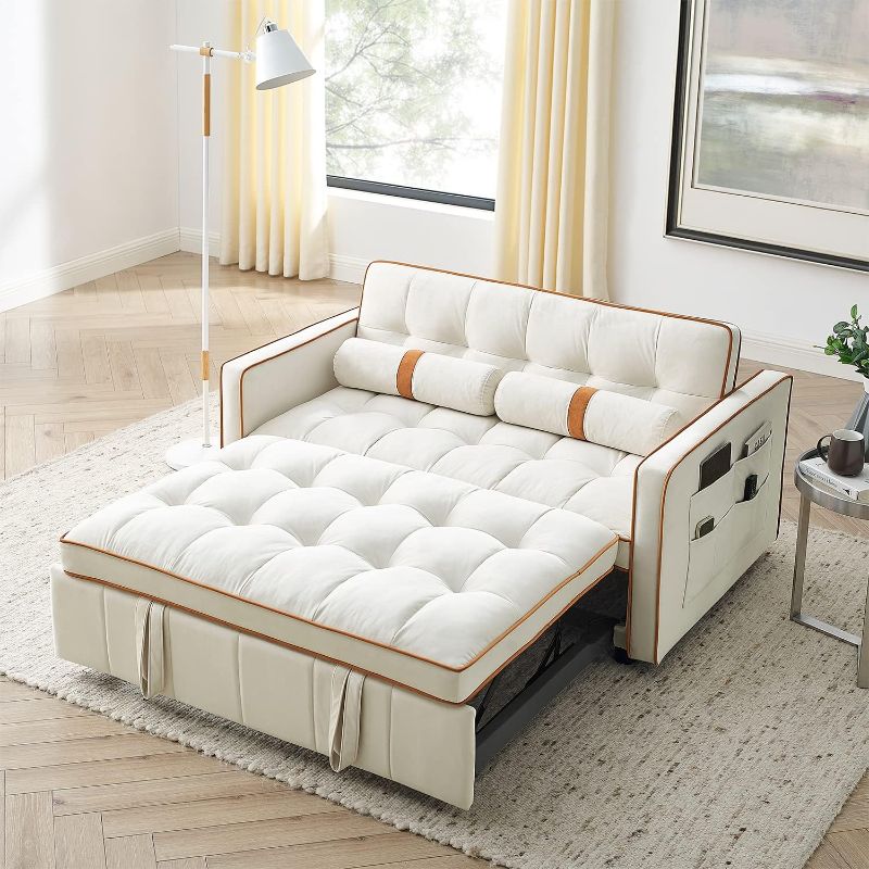 Photo 1 of 3 in 1 Sleeper Sofa Couch Bed, Small Tufted Velvet Convertible Loveseat Futon Sofa w/Pullout Bed, Adjustable Backrest, Cylinder Pillows for Living Room Apartment, Easy to Assemble, Beige, 55.5"