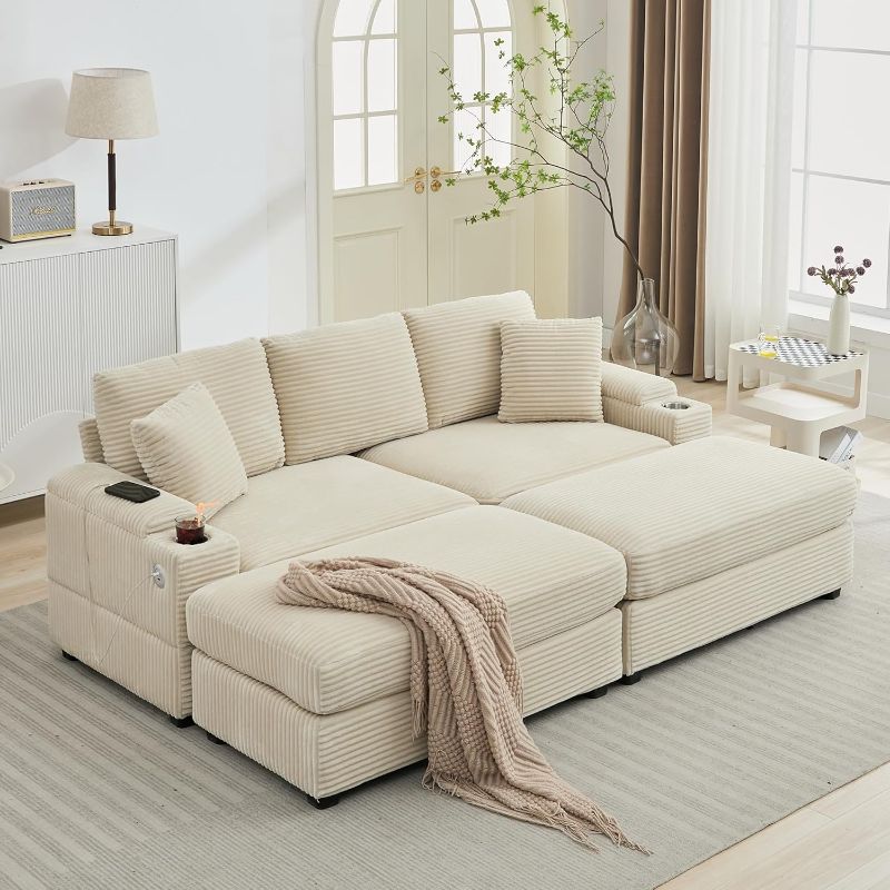 Photo 1 of 86.6" Sectional Sofa Couch with 2 Ottomans, Comfy Corduroy Upholstered Cloud Modular Convertible Couch with Cup Holders and USB, Armrest Storage, Deep Seat Oversized Loveseat for Living Room, Beige
*MISSING PIECES*