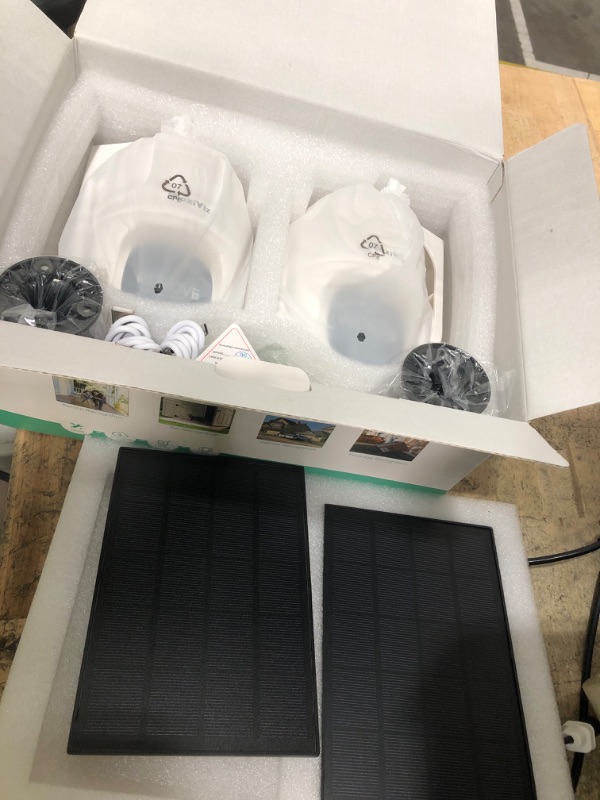 Photo 1 of **ITEMS FACTORY SEALED** MaxiViz 2K Solar Camera Security Outdoor, 100% Wire-Free Security Cameras Wireless Outdoor with Solar Panel, 360° Panoramic View, Color Night Vision, AI Motion Detection, IP66 Weatherproof, 2 Pack