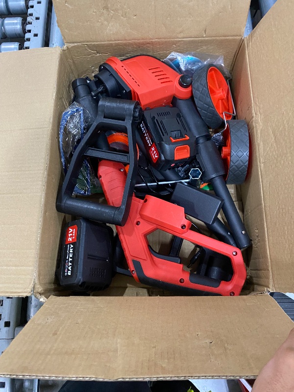 Photo 1 of **WHEEL ATTACHMENT IS BROKEN** Electric  Wacker with Wheels, 12-Inch 2x3.0Ah 21V Battery Powered Weed Eater, Cordless Lawn Mower with 4 Types Blades, 800W Brushless Brush Cutter, 20000RPM Grass Trimmer for Garden Yard