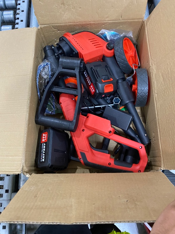 Photo 1 of **WHEEL ATTACHMENT IS BROKEN** Electric  Wacker with Wheels, 12-Inch 2x3.0Ah 21V Battery Powered Weed Eater, Cordless Lawn Mower with 4 Types Blades, 800W Brushless Brush Cutter, 20000RPM Grass Trimmer for Garden Yard