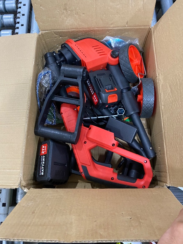 Photo 1 of **WHEEL ATTACHMENT IS BROKEN** Electric  Wacker with Wheels, 12-Inch 2x3.0Ah 21V Battery Powered Weed Eater, Cordless Lawn Mower with 4 Types Blades, 800W Brushless Brush Cutter, 20000RPM Grass Trimmer for Garden Yard