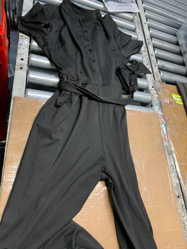 View 2 of ***STOCK PHOTO FOR REFERENCE ONLY, NO COLLAR***Womens Jumpsuits Casual Stretchy Crewneck Short Sleeve Wide Straight Leg Rompers 1Piece Trendy Soft Outfits for (XL) Black