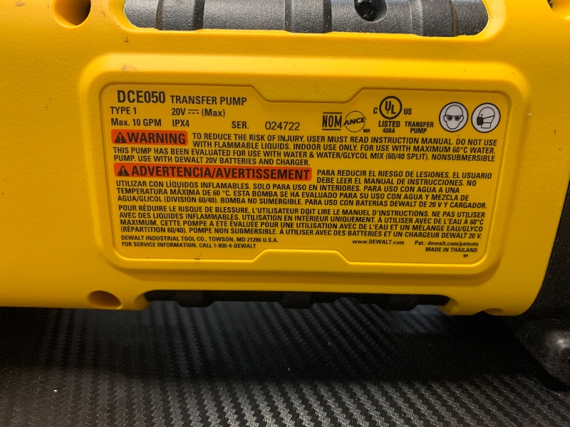 Photo 1 of ***BATTERY IS CRACKED BUT ITEM WAS TEATED WITH BATTERY AND WAS FUNCTIONAL***

DEWALT 20V MAX Transfer Pump, 10 GPM, Powerful and Lightweight, Profesional Grade Versatility, Bare Tool Only (DCE050B)