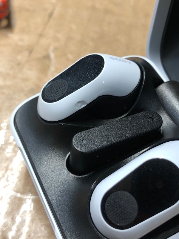 Photo 1 of **LEFT EARBUD HAS SOME DENTS** Sony Inzone s Wireless Gaming Earbuds, Perfect for PlayStation® 5, for PC/PS5/Switch/Mobile, 48Hr Battery with Case, Noise Canceling, 360 Spatial Sound, 2.4GHz USB-C Dongle, WF-G700N White
