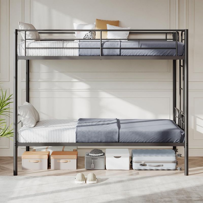 Photo 1 of ***No hardware*** DUMOS Metal Bunk Bed Frame Twin Over Twin with Ladder and High Guardrail, Heavy-Duty Metal Slats Support, Under-Bed Storage Space, No Box Spring Needed, Noise Free, Black