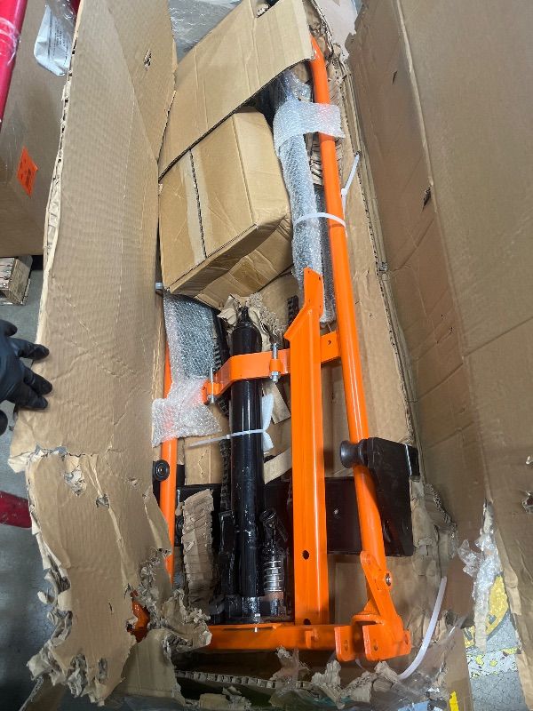 Photo 1 of ***MISSING PARTS***

VEVOR Hydraulic Material Lift Winch Stacker, 450 lbs Load Capacity, 39.4'' Max Lifting Height, Pallet Truck Dolly with Fork Lift Table, Foldable & Portable Pallet Jack Table Cart, Orange & Black
