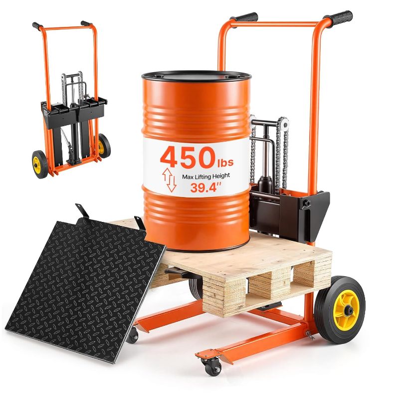 Photo 1 of ***MISSING PARTS***

VEVOR Hydraulic Material Lift Winch Stacker, 450 lbs Load Capacity, 39.4'' Max Lifting Height, Pallet Truck Dolly with Fork Lift Table, Foldable & Portable Pallet Jack Table Cart, Orange & Black