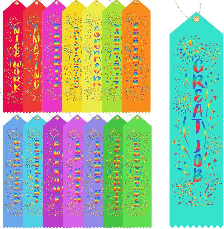 Photo 1 of  Chinco 150 Pieces Award Ribbons Bulk Participant Ribbons for Prizes Fun Award Honorable Mention Set with Event Card and Rope for Kids Competition Sports Event School Contest(Stylish) sSIMILAR