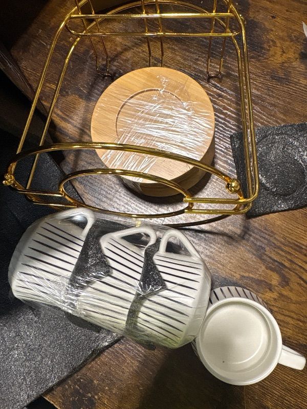 Photo 1 of **MISSING 2 CUPS***
LUKA Ceramic Coffee Espresso Cups with Saucers Set with Metal Holder, 4.4 oz Porcelain Demitasse Cups For Tea, Espresso, Latte, Coffee, Cafe Mocha, Set of 6, White
