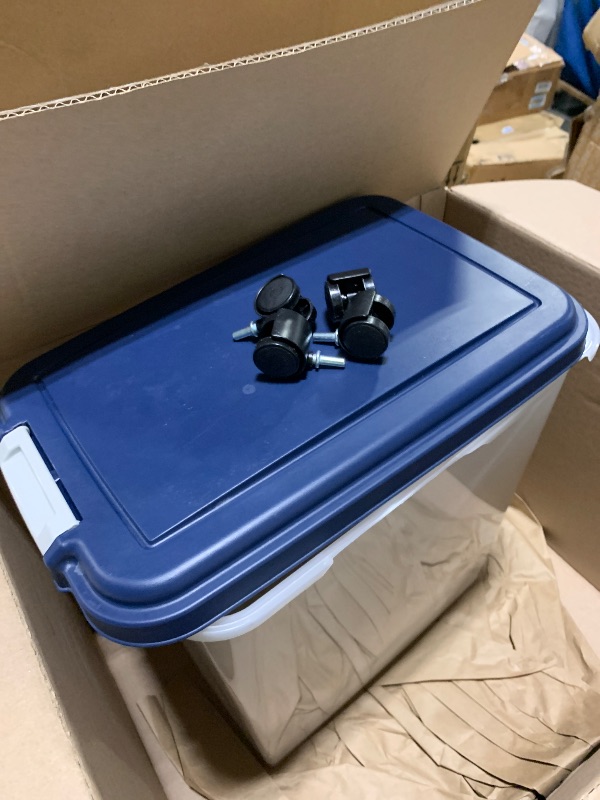 View 4 of ** sold as is no refund/return** IRIS USA Airtight Dog Food Storage Container, Up to 30 lbs, Attachable Wheels, for Dog Cat Bird and other Pet Food Storage Bin, Keep Fresh, Easy Mobility, BPA Free, Navy/Pearl