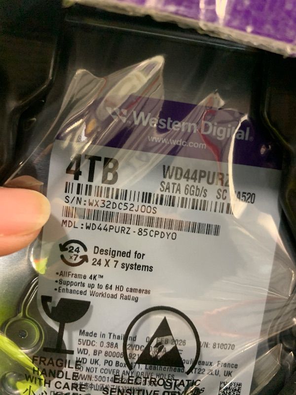 Photo 1 of **UNTESTED**
Western Digital 4TB WD Purple Surveillance Internal Hard Drive HDD - SATA 6 Gb/s, 128 MB Cache, 3.5" - WD44PURZ